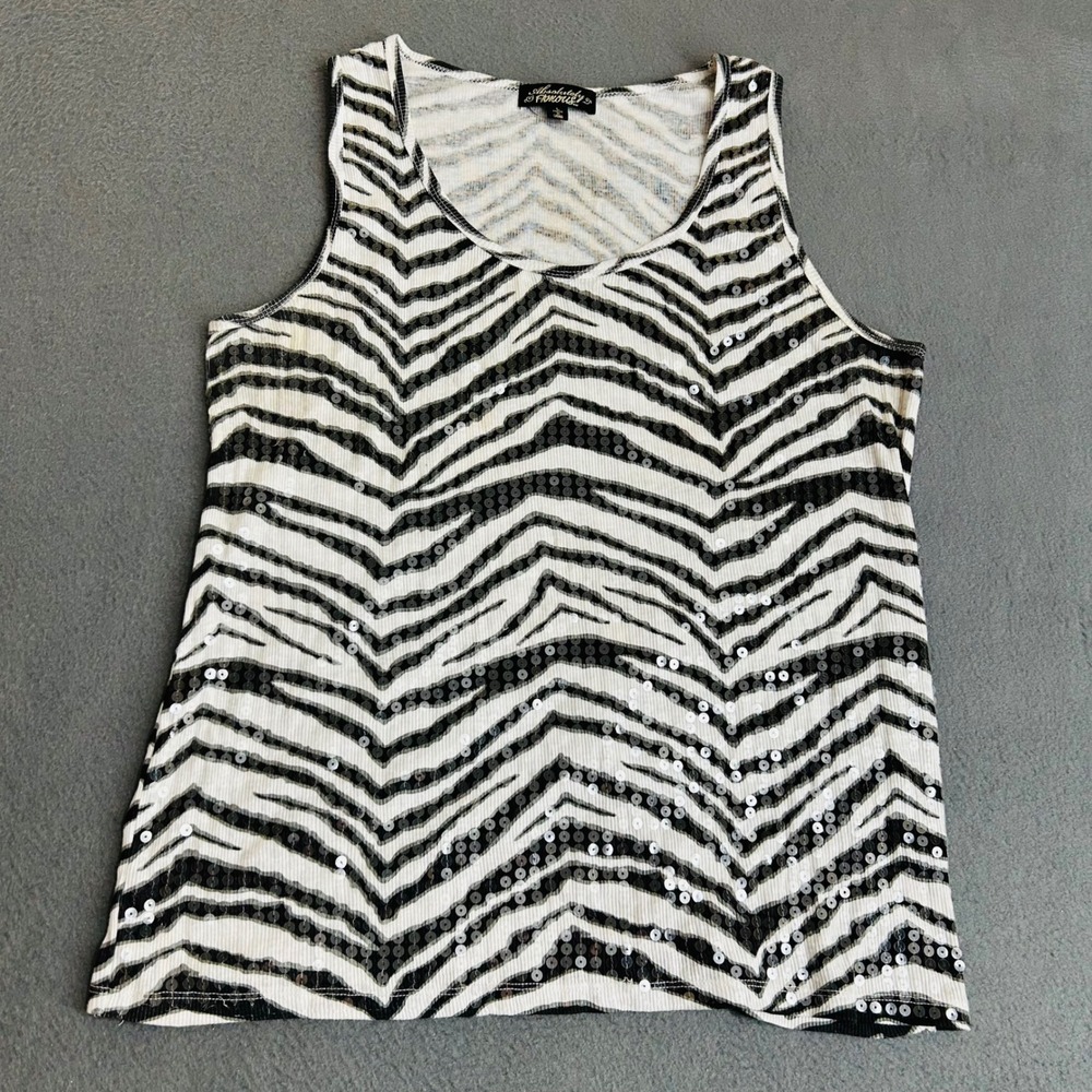 Absolutely Famous Tank Top Women L White Zebra Sequin Ribbed Scoop Neck